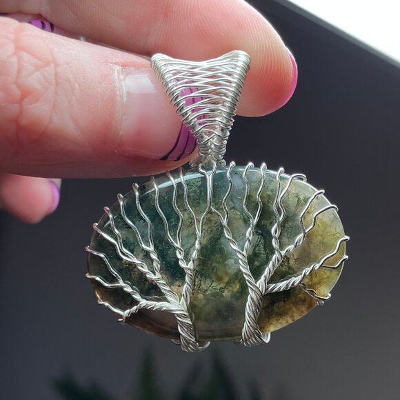Dual Tree of Life Moss Agate Pendant Wire Wrapped Stone Jewelry - Picture 9 of 9